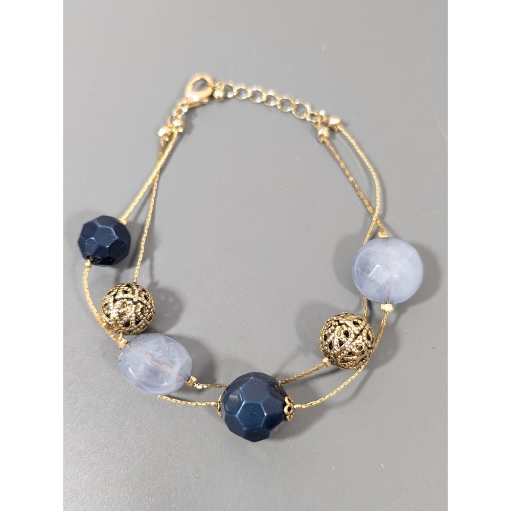 Coastal Chic Blue Gold Tone Filigree Ball Double‎ Chain Bracelet 9 in